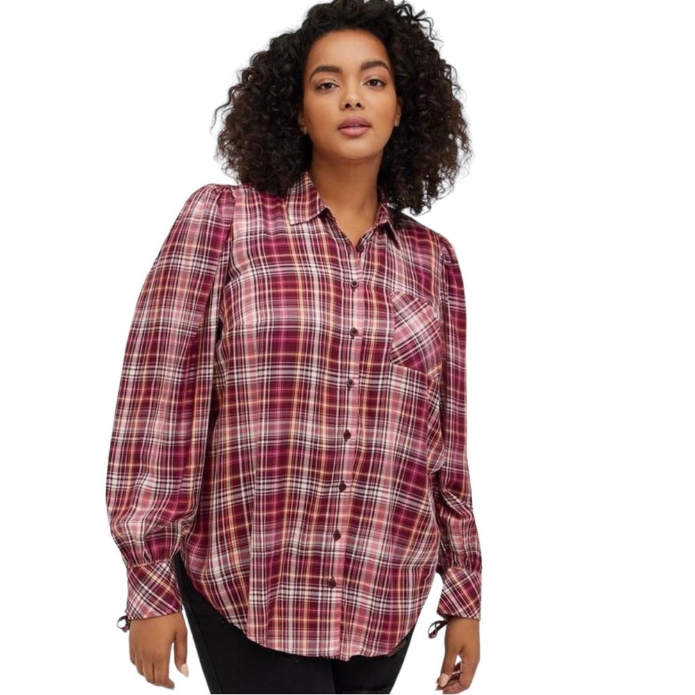 Torrid Puff Sleeve Shirt‎ Twill Plaid Purple Women's Plus 0X